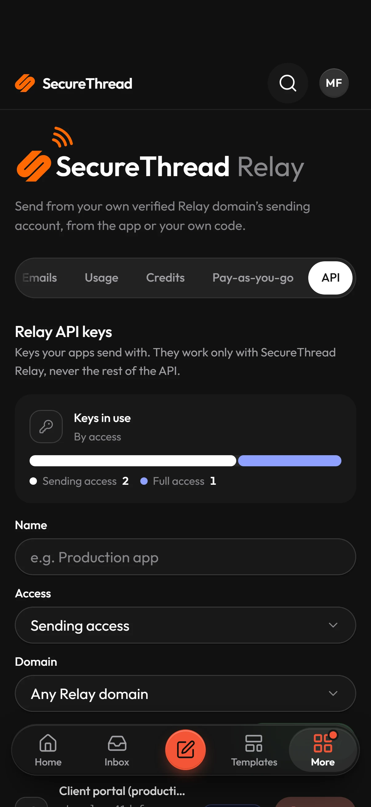 On a phone: secureThread Relay API: Relay API keys by access and domain, and the endpoint on relay.securethread.co